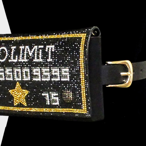Black Gold NO LIMIT Rhinestone Crystal FannyPack Belt Purse Card Style Accessory - Picture 3 of 3